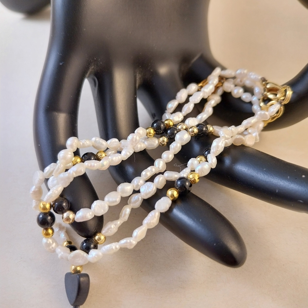 Chic Freshwater Pearl and Black Bead Bracelets with Gold Accents - Picture 7 of 10